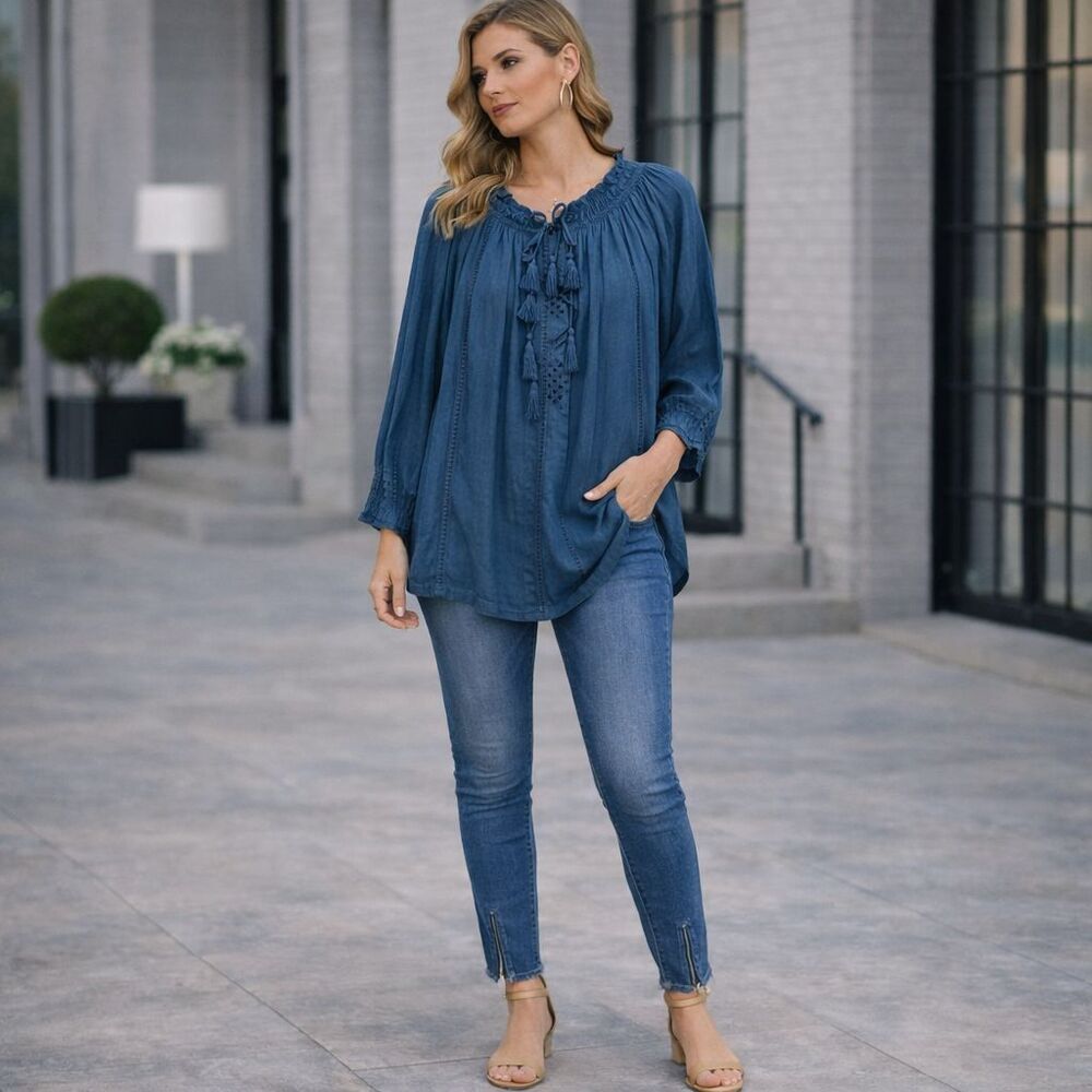 SUNDANCE Blue Boho Blouse Tassel Tie Cotton Blend Women Size S Long Sleeve